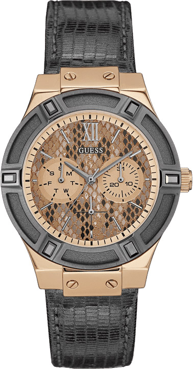GUESS Multifunction Rose Gold Anthracite Leather Strap W0289L4