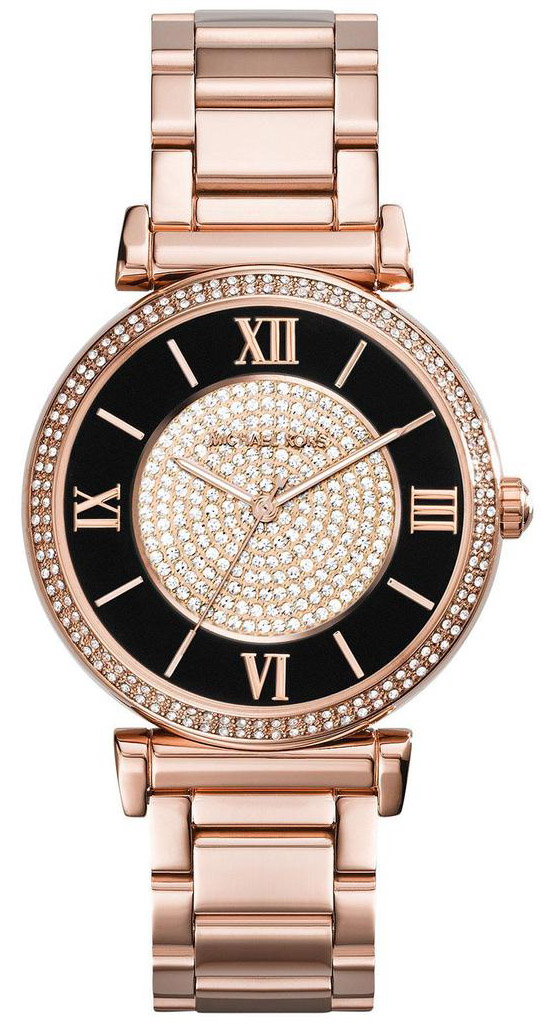 Michael Kors Women's Catlin Black & Rose Gold Crystal Pave Dial Rose Gold Steel Bracelet Watch MK3339