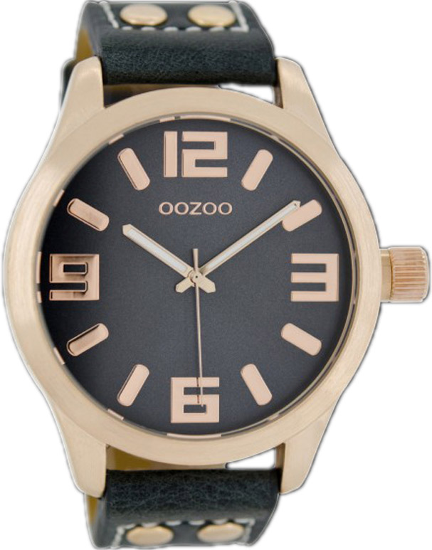 OOZOO Small Rose Gold Timepieces Blue Black Leather Strap C1157