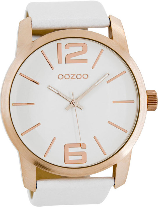 Oozoo Timepieces Xxl Rose Gold White Leather Strap C7015