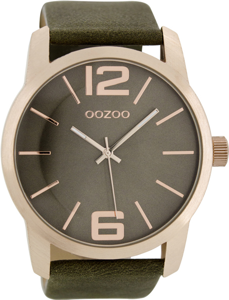 Oozoo Timepieces Xxl Rose Gold Olive Leather Strap C7018