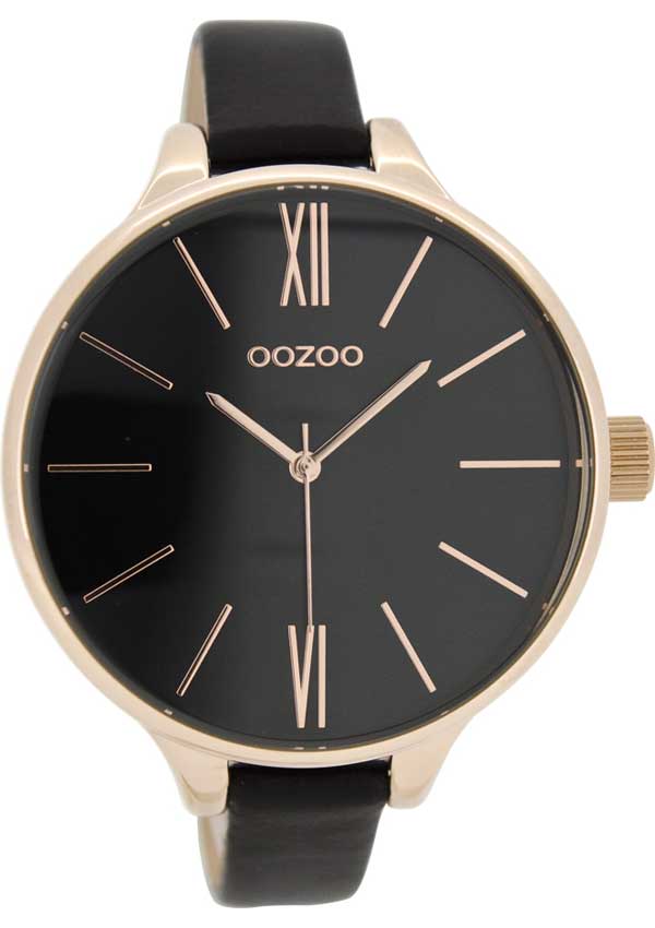 OOZOO Timepieces XL Rose Gold Black Leather Strap C8404