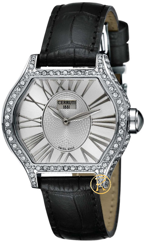 Cerruti Lady Crystal Case White Dial Black Leather Strap CT101072S02