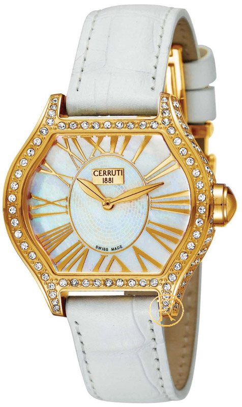 Cerruti Lady Crystal Gold Case White Dial and Leather Strap CT101072S03