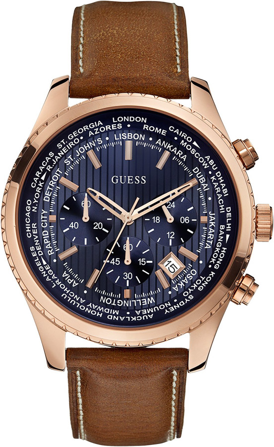 Guess Men's Pursuit Chronograph Rose Gold Brown Leather Strap W0500G1