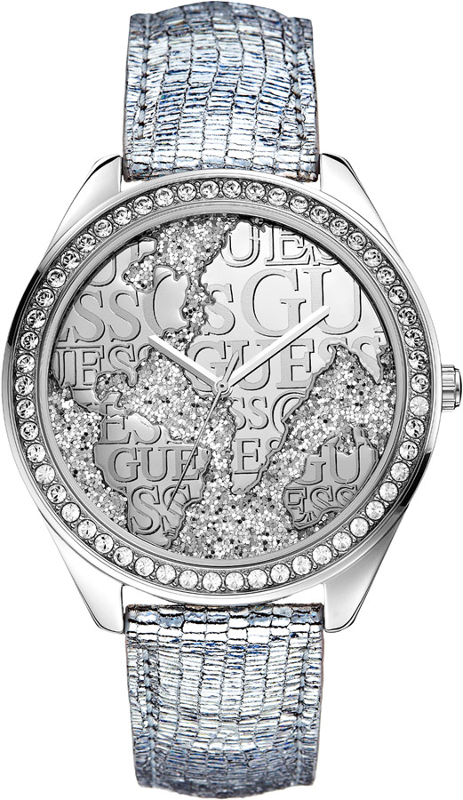 Guess Crystal Silver Dial Silver Leather Strap W0503L1