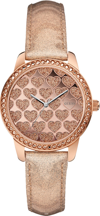 Guess Crystals Hearts Three Hands Rοse Gold Stainless Steel Leather Strap W0549L1