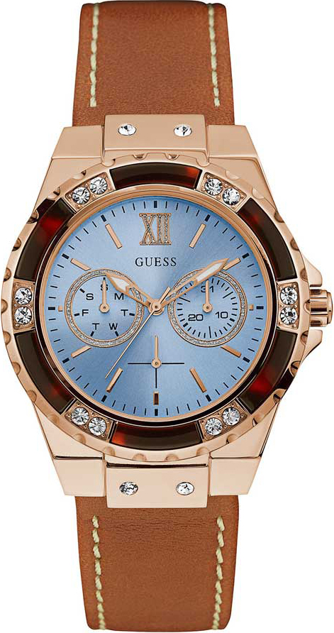 GUESS Multifunction Crystals Rose Gold Brown Leather Strap W0775L7