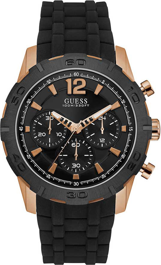 GUESS Multifunction Rose Gold Black Rubber Strap W0864G2