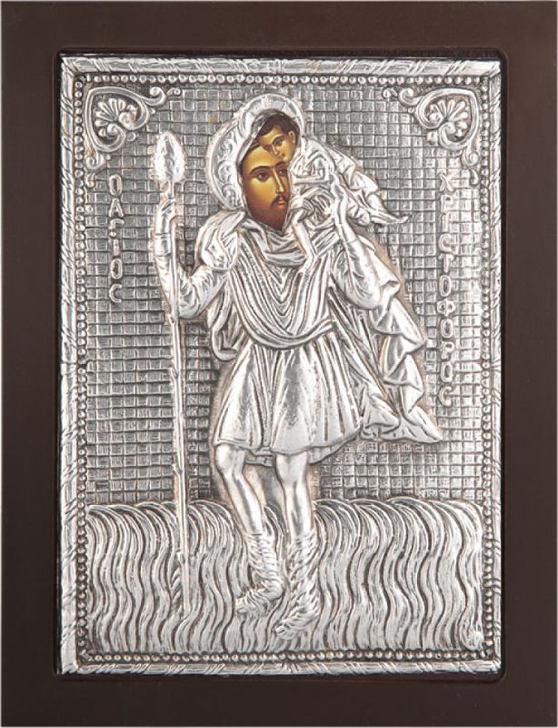 Εικόνα "Άγιος Χριστόφορος" Σε Μαύρο Ξύλο Με Επικάλυψη Από Φύλλο Ασήμι 925 ΚΩΔ. 106 30Χ40εκ.