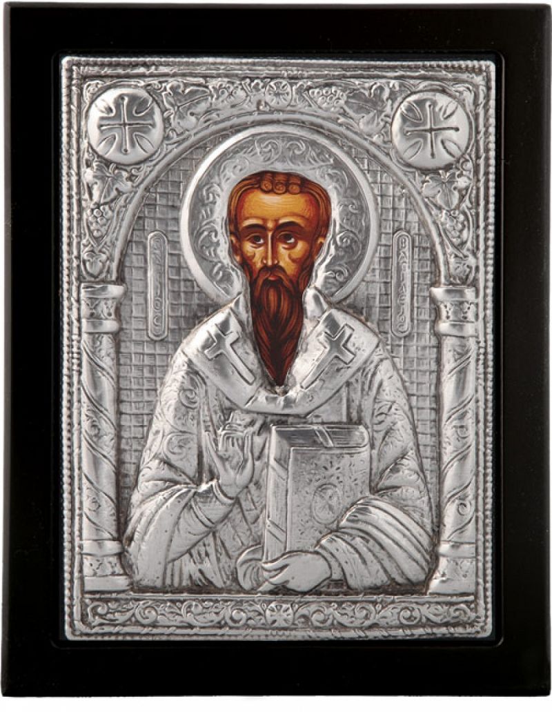 Εικόνα "Άγιος Βασίλειος" σε μαύρο ξύλο με επικάλυψη από φύλλο ασήμι 925 ΚΩΔ. 105 23Χ28εκ.