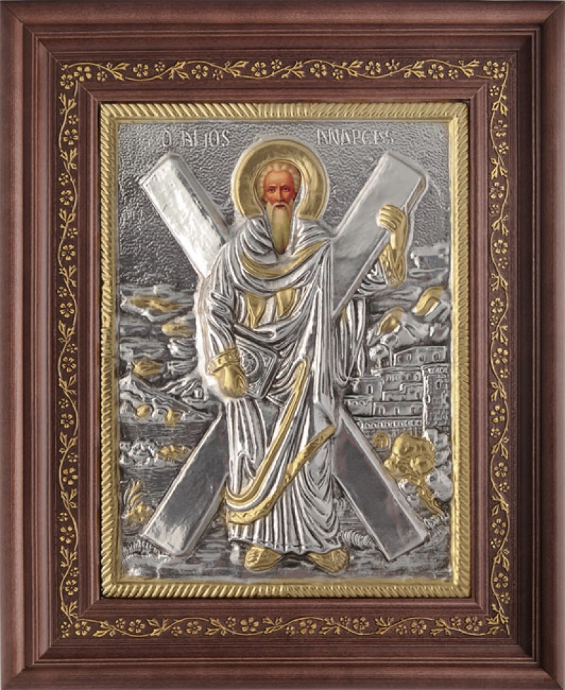 Εικόνα "Απόστολος Ανδρέας" με επικάλυψη από φύλλο ασήμι 925 και τοπικό επιχρύσωμα ΚΩΔ. 1001 26x32
