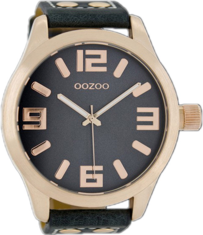 OOZOO Large Rose Gold Timepieces Blue Black Leather Strap C1107