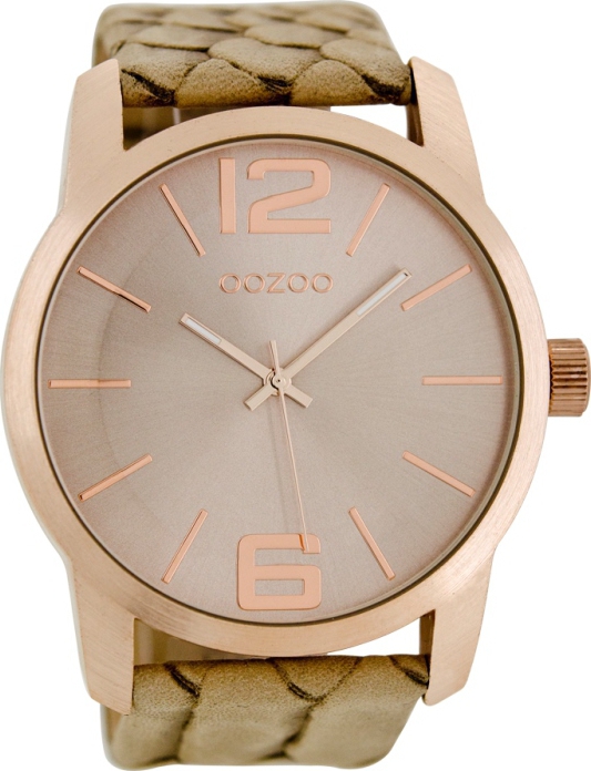 Oozoo Timepieces Xxl Rose Gold Beige Leather Strap C7017