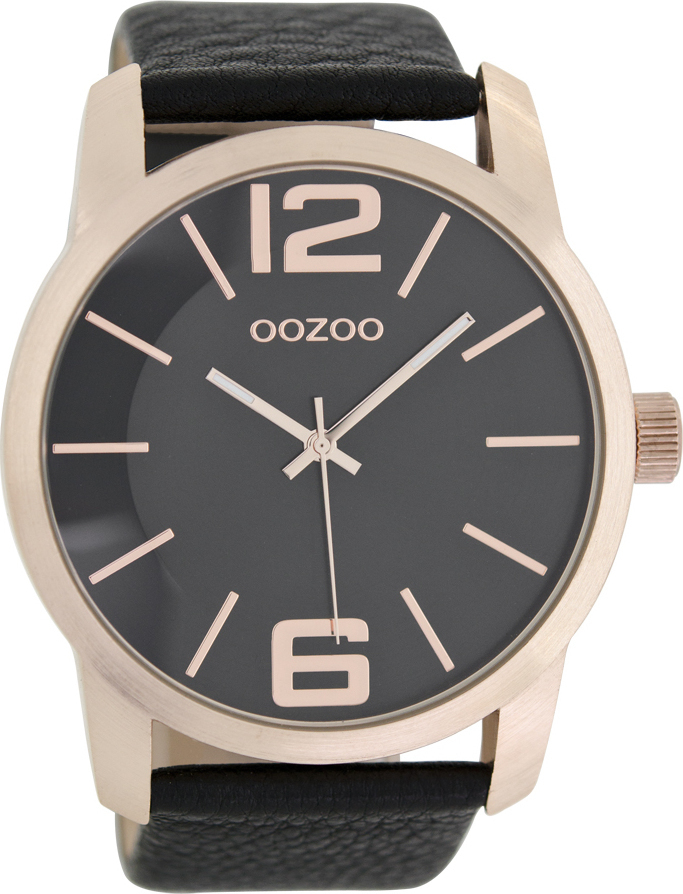 OOZOO Timepieces XXL Rose Gold Black Leather Strap C7019