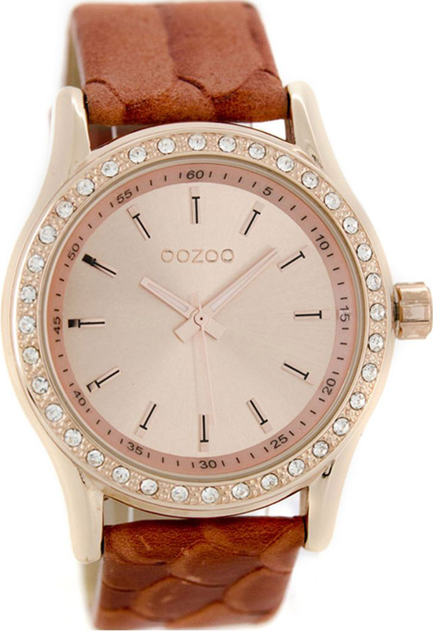 Oozoo Timepieces Crystals Rose Gold Coral Leather Strap C7131
