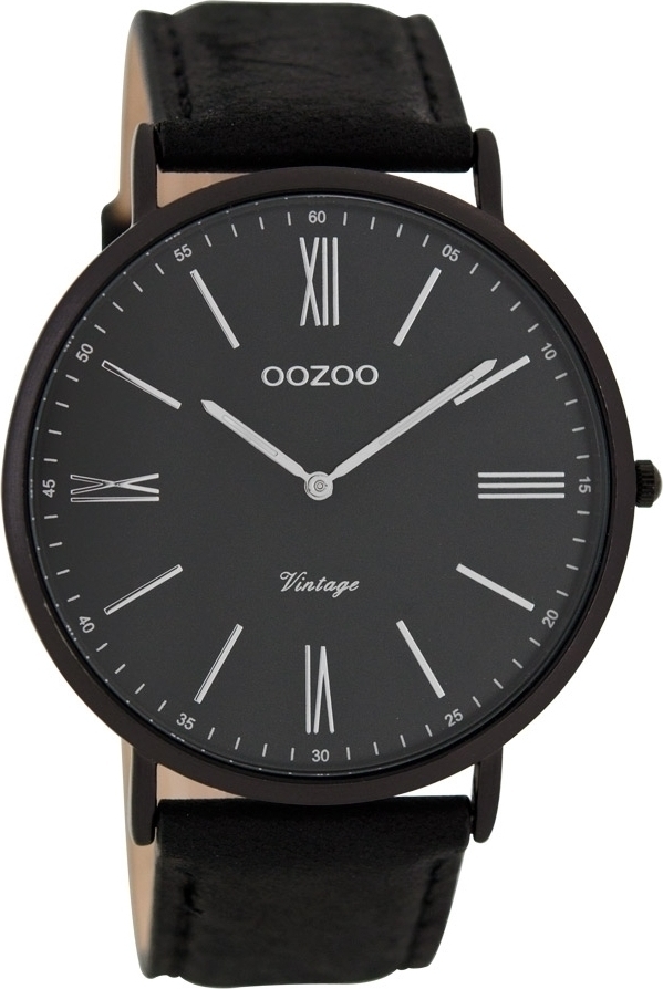 OOZOO Timepieces Vintage Three Hands Black Metal Leather Strap C7349