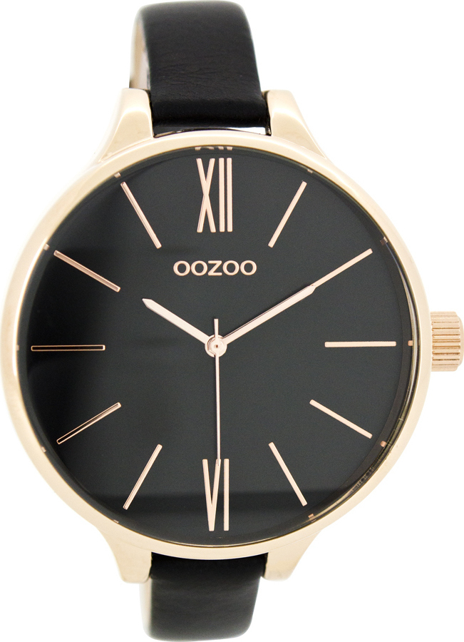 OOZOO Timepieces XL Rose Gold Black Leather Strap C7974