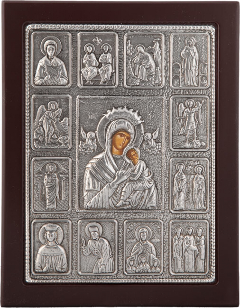 Εικόνα "Εικονοστάσι Παναγία Αμόλυντος" σε μαύρο ξύλο με επικάλυψη από φύλλο ασήμι 925 ΚΩΔ. 106 30Χ40εκ.