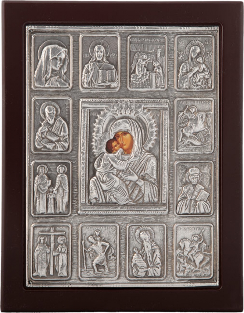 Εικόνα "Εικονοστάσι Παναγία Γλυκοφιλούσα" σε μαύρο ξύλο με επικάλυψη από φύλλο ασήμι 925 ΚΩΔ. 106 30Χ40εκ.