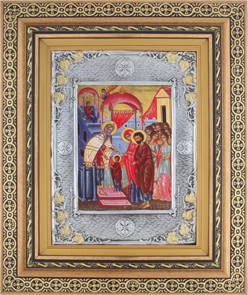 Εικόνα "Τα Εσόδια της Θεοτόκου" με επικάλυψη από φύλλο ασήμι 925 και τοπικό επιχρύσωμα ΚΩΔ. 800 40x50