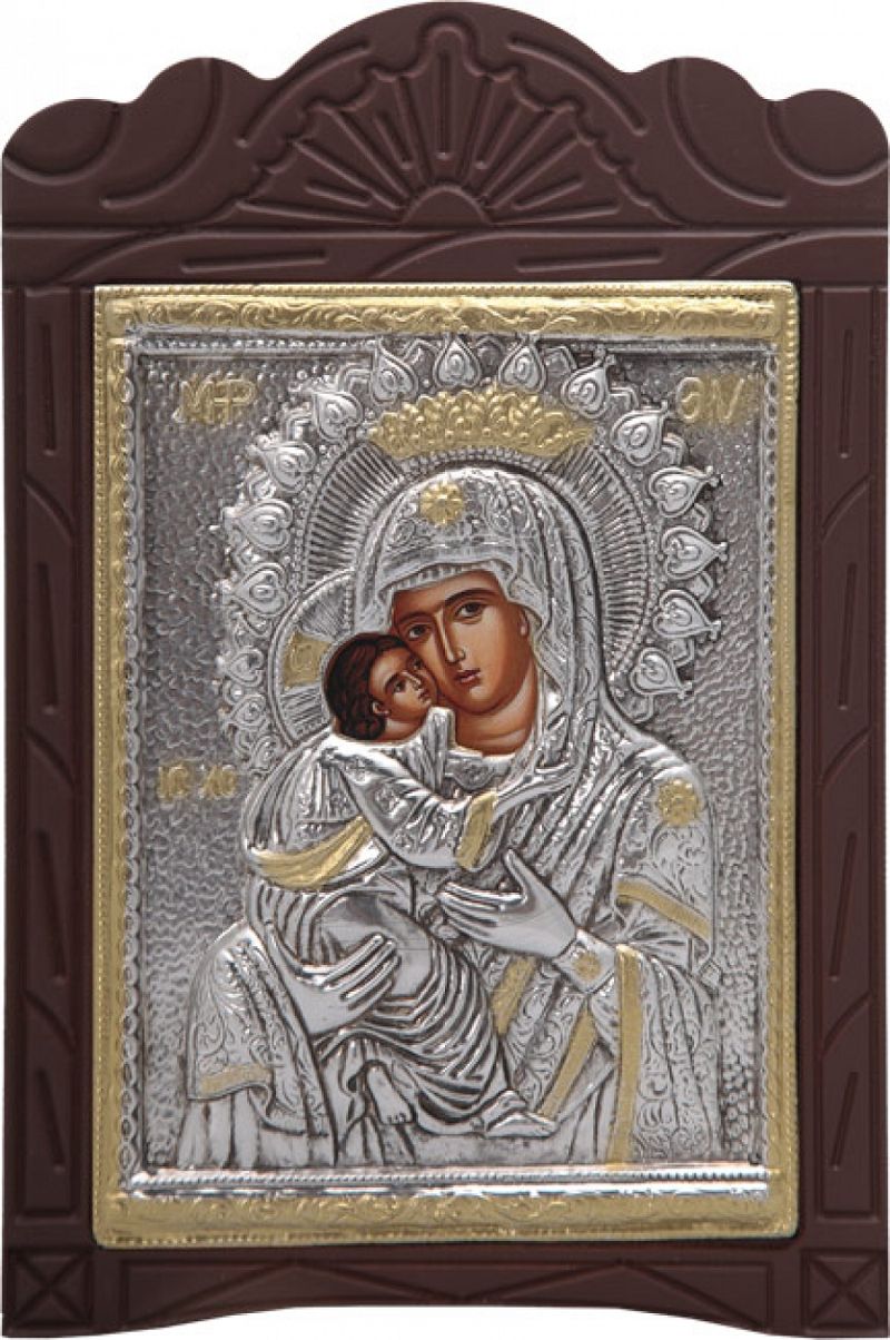 Ξυλόγλυπτο "Παναγία Γλυκοφιλούσα" με επικάλυψη από φύλλο ασήμι 925 και τοπικό επιχρύσωμα ΚΩΔ. 204 19x29