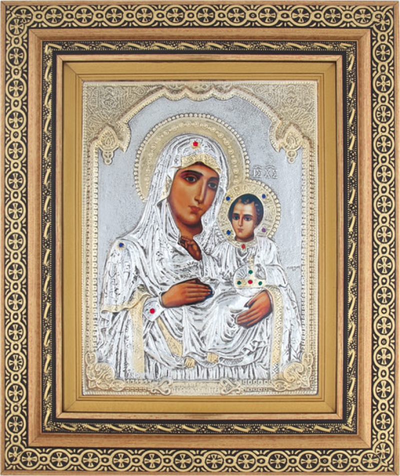 Εικόνα "Παναγία Ιεροσολυμίτισσα" με επικάλυψη από φύλλο ασήμι 925 και τοπικό επιχρύσωμα ΚΩΔ. 801 32x38