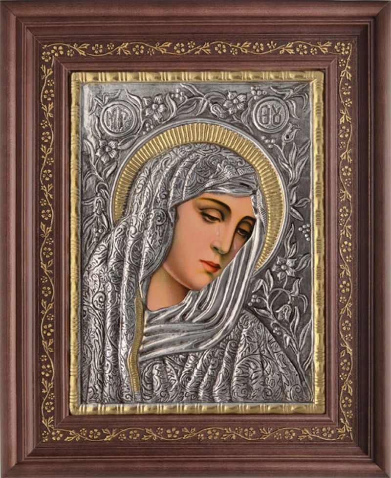 Εικόνα "Παναγία Θλιμμένη" με επικάλυψη από φύλλο ασήμι 925 και τοπικό επιχρύσωμα ΚΩΔ. 1000 35x43