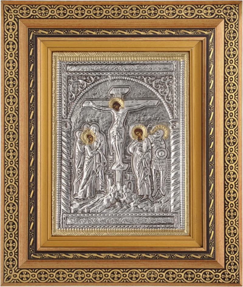 Εικόνα "Η Σταύρωση" με επικάλυψη από φύλλο ασήμι 925 και τοπικό επιχρύσωμα ΚΩΔ. 801 32x38