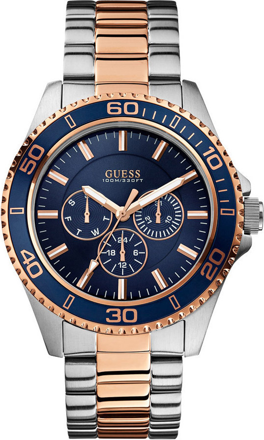 Guess Men's Two-tone Rose Gold-tone Watch With Blue Mutli-function Dial W0172G3