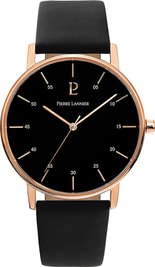 PIERRE LANNIER Rose Gold Black Leather Strap 203F033