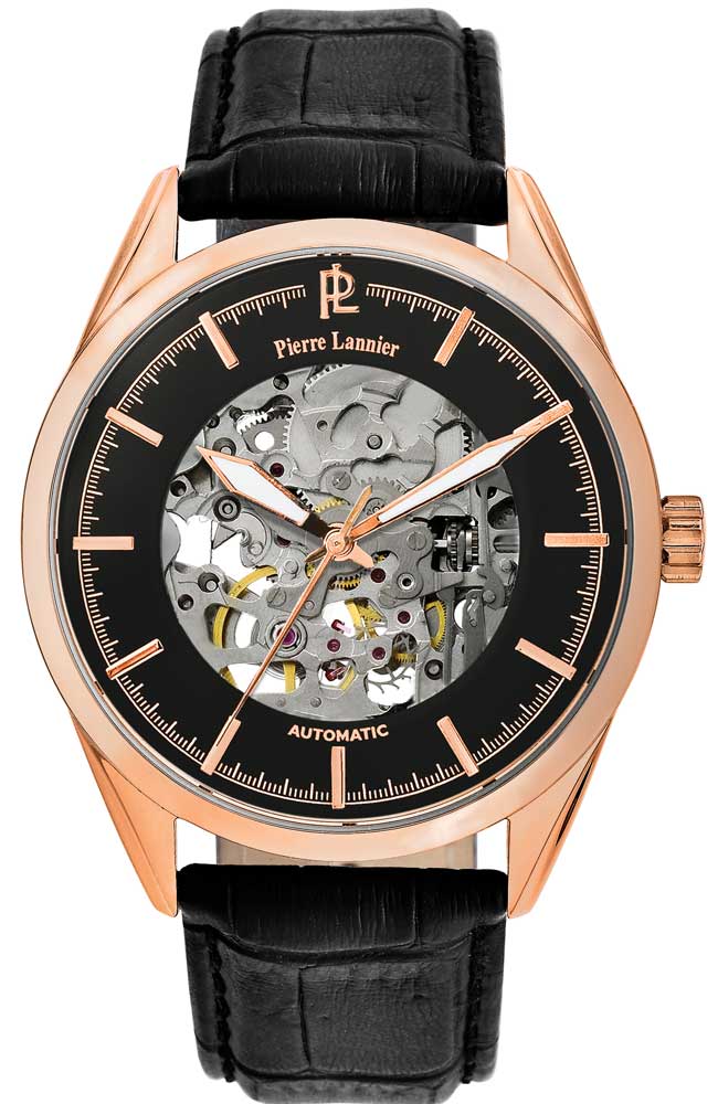 PIERRE LANNIER Automatic Rose Gold Black Leather Strap 307C033