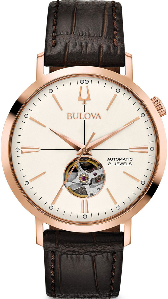 BULOVA Mechanic Automatic Rose Gold Brown Leather Strap 97A136