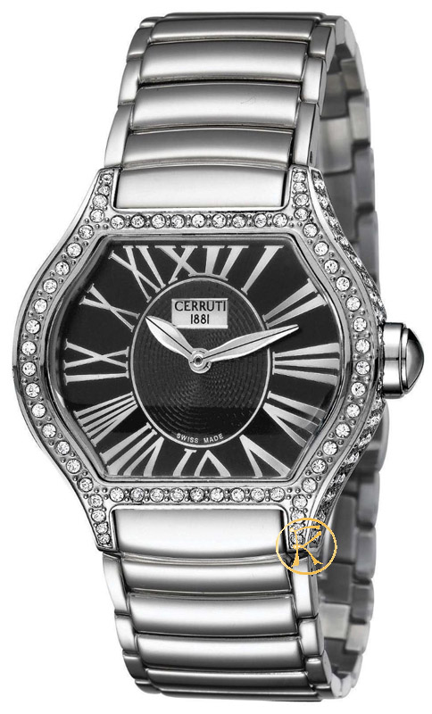 Cerruti Lady Crystal Case Black Dial Stainless Steel Bracelet CT101072S04