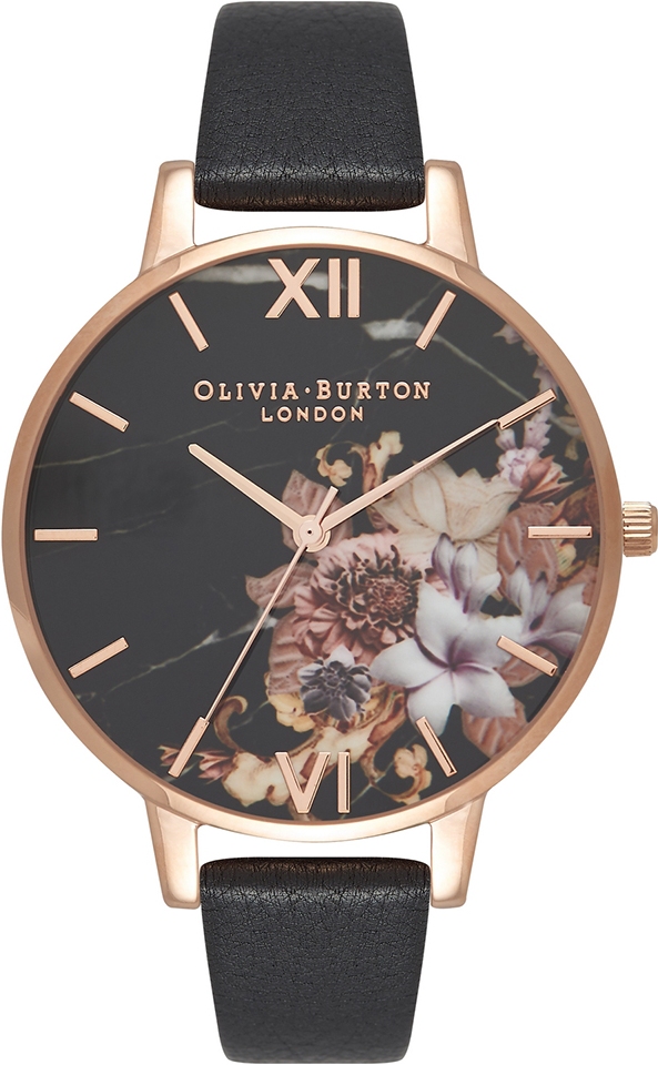 KOSTARELOS GK Olivia Burton Olivia Burton Marble Floral Rose Gold Black Leather Strap OB16CS01