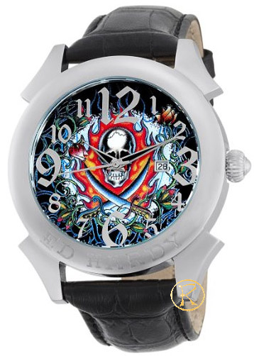 Ed Hardy Revolution Flaming Skull Black Leather Strap RE-FS