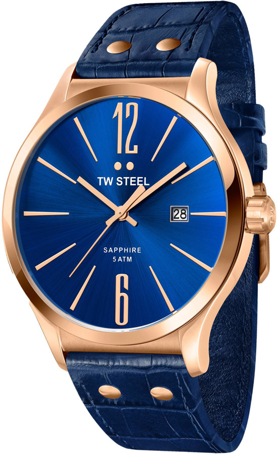 TW STEEL Slim Line Rose Gold Blue Leather Strap TW1305