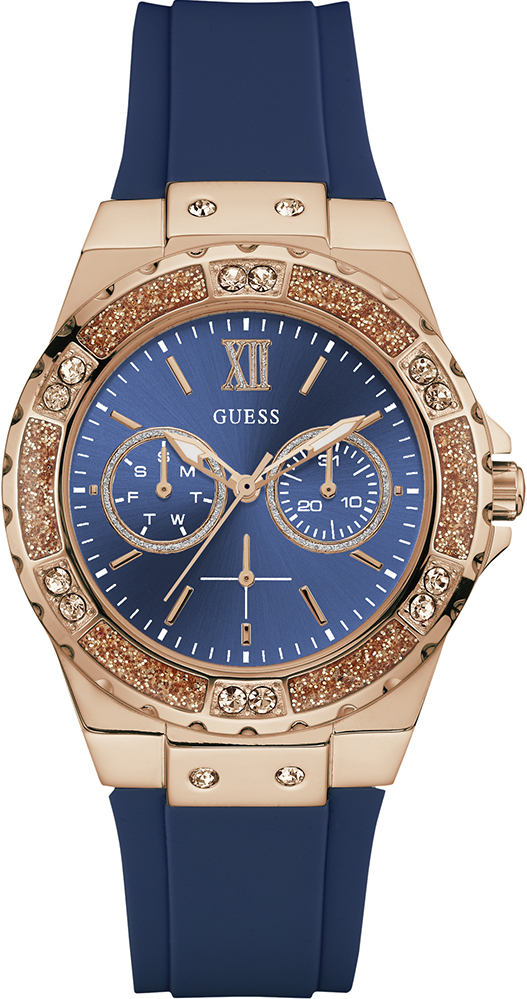GUESS Multifunction Crystals Rose Gold Blue Rubber Strap W1053L1