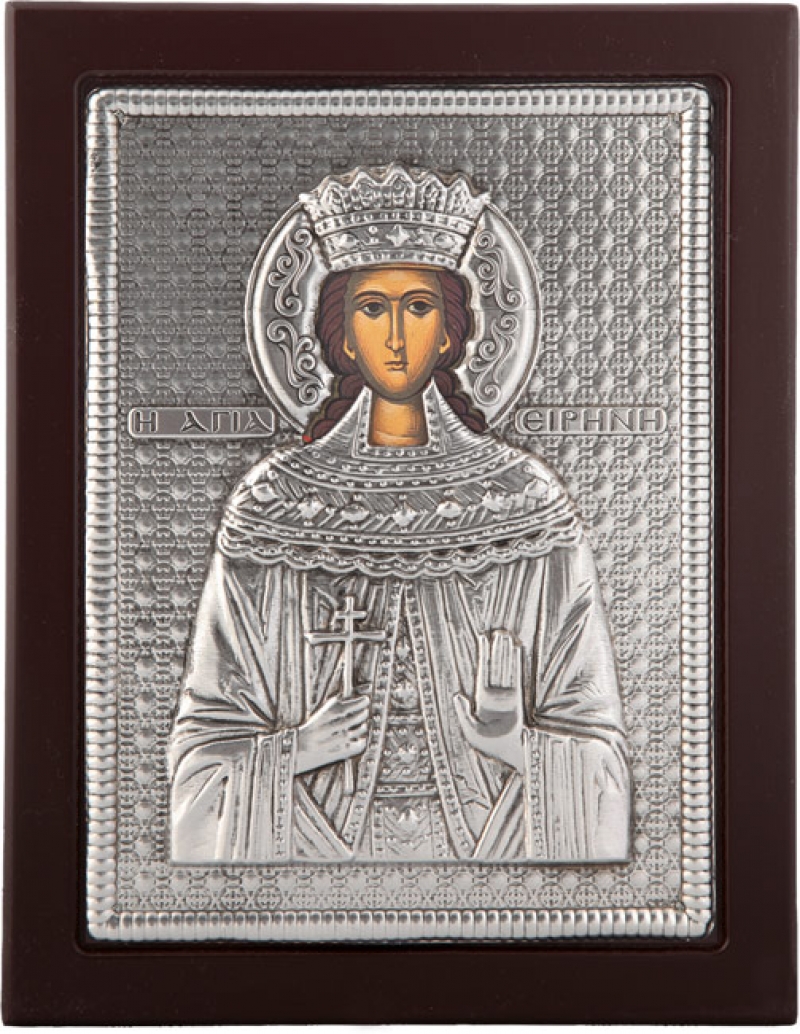 Εικόνα "Άγία Ειρήνη" σε μαύρο ξύλο με επικάλυψη από φύλλο ασήμι 925 ΚΩΔ. 104 19Χ24εκ.