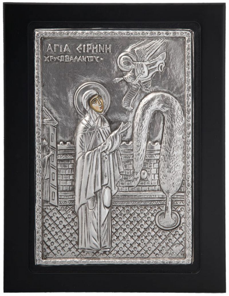 Εικόνα "Άγία Ειρήνη Χρυσοβαλάντου" σε μαύρο ξύλο με επικάλυψη από φύλλο ασήμι 925 ΚΩΔ. 106 30Χ40εκ.