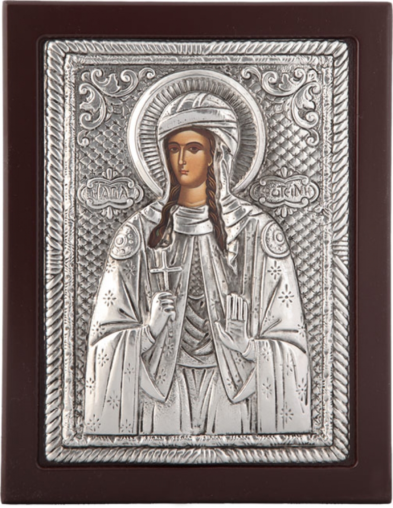 Εικόνα "Άγία Φωτεινή" σε μαύρο ξύλο με επικάλυψη από φύλλο ασήμι 925 ΚΩΔ. 104 19Χ24εκ.
