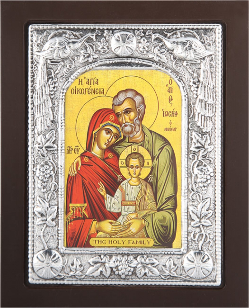 Εικόνα "Άγία Οικογένεια" σε μαύρο ξύλο με επικάλυψη από φύλλο ασήμι 925 ΚΩΔ. 105 23Χ28εκ.