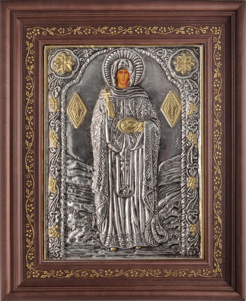 Εικόνα "Αγία Παρασκευή" με επικάλυψη από φύλλο ασήμι 925 και τοπικό επιχρύσωμα ΚΩΔ. 1000 35x43