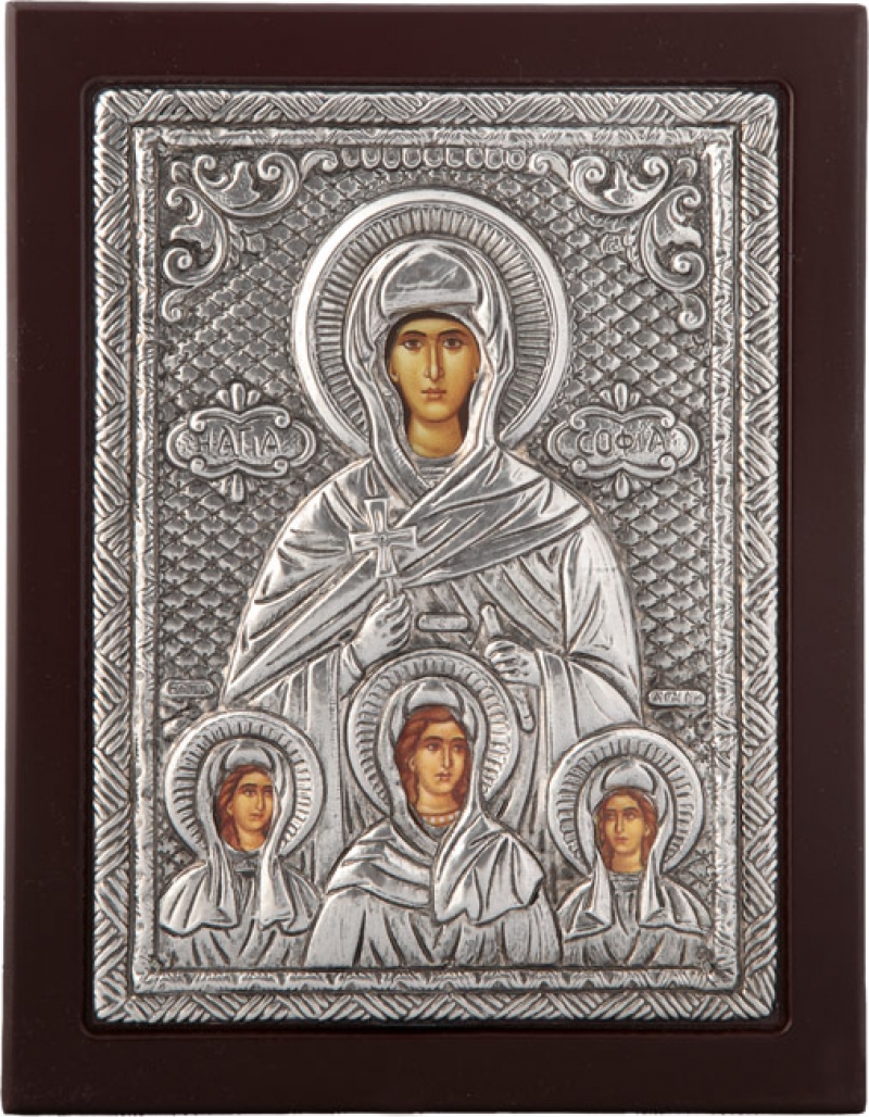 Εικόνα "Άγία Σοφία, Πίστις, Αγάπη & Ελπίς" σε μαύρο ξύλο με επικάλυψη από φύλλο ασήμι 925 ΚΩΔ. 104 19Χ24εκ.