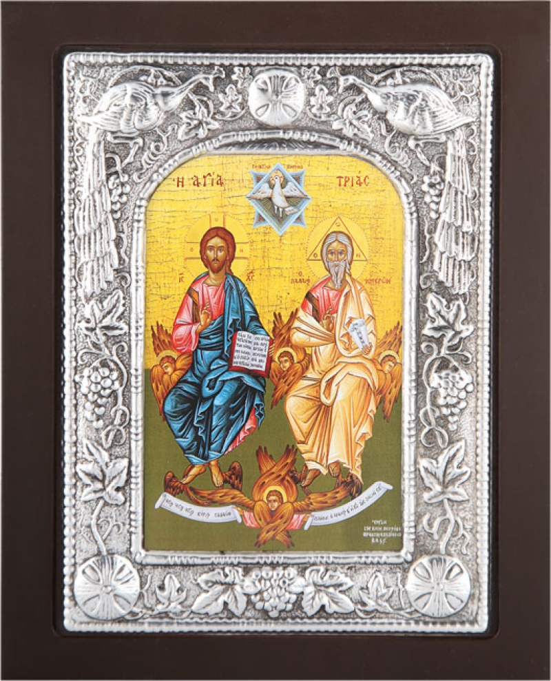 Εικόνα "Άγία Τριάς" σε μαύρο ξύλο με επικάλυψη από φύλλο ασήμι 925 ΚΩΔ. 102 10Χ12εκ.