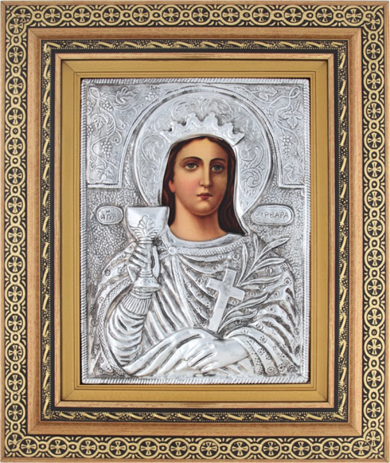 Εικόνα "Αγία Βαρβάρα" με επικάλυψη από φύλλο ασήμι 925 και τοπικό επιχρύσωμα ΚΩΔ. 800 40x50