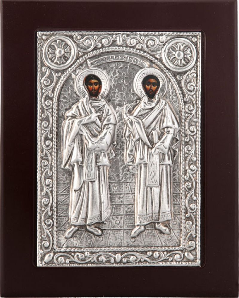 Εικόνα "Άγιοι Ανάργυροι" σε μαύρο ξύλο με επικάλυψη από φύλλο ασήμι 925 ΚΩΔ. 104 19Χ24εκ.