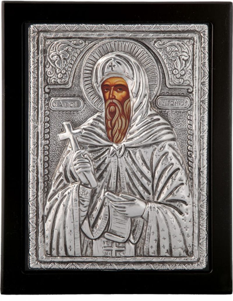 Εικόνα "Άγιος Αντώνιος" σε μαύρο ξύλο με επικάλυψη από φύλλο ασήμι 925 ΚΩΔ. 104 19Χ24εκ.