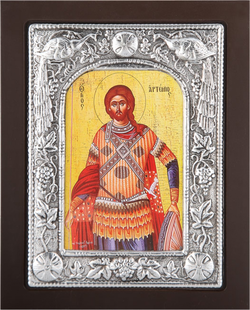 Εικόνα "Άγιος Αρτέμιος" σε μαύρο ξύλο με επικάλυψη από φύλλο ασήμι 925 ΚΩΔ. 102 10Χ12εκ.
