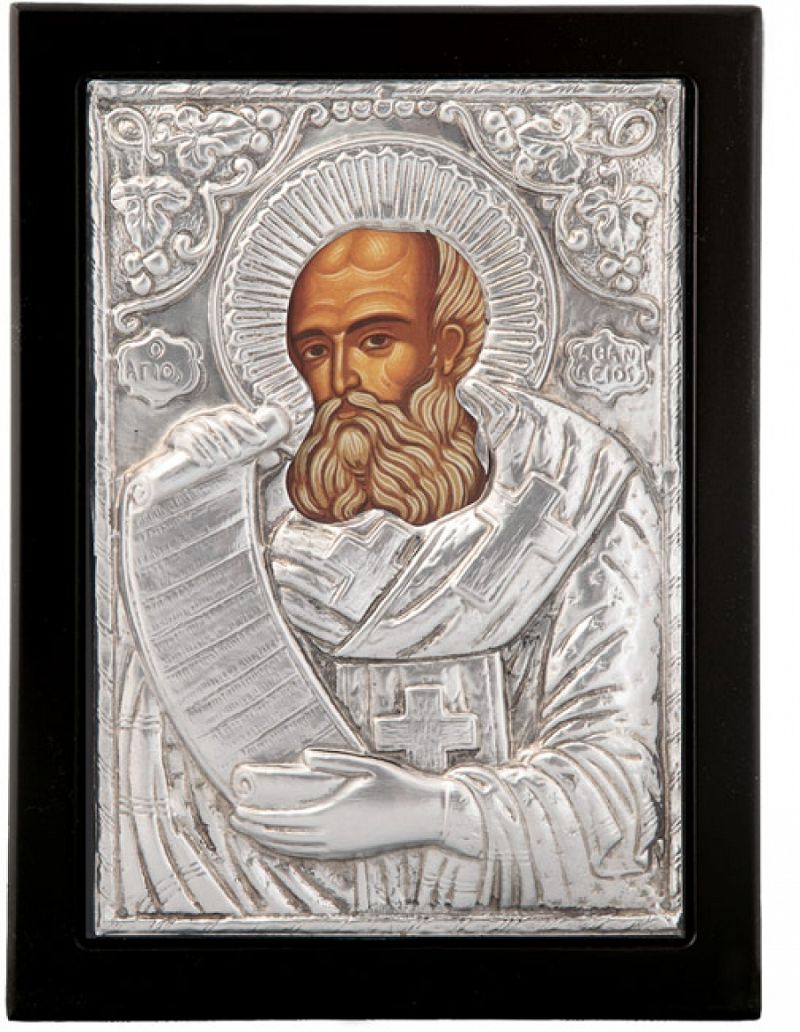 Εικόνα "Άγιος Αθανάσιος" σε μαύρο ξύλο με επικάλυψη από φύλλο ασήμι 925 ΚΩΔ. 104 19Χ24εκ.